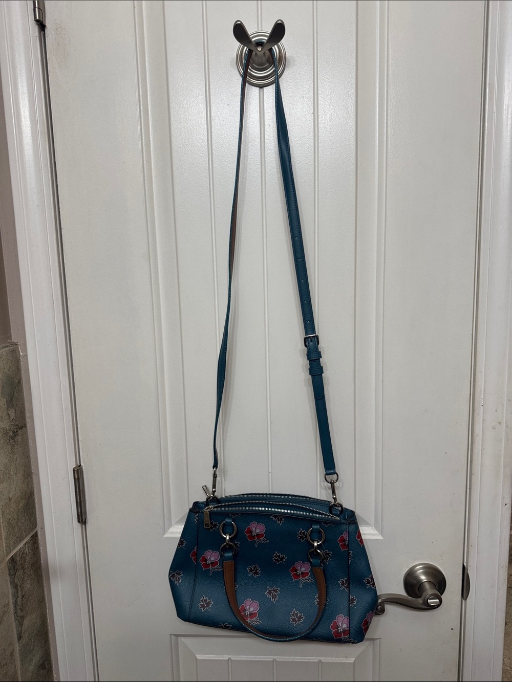 Coach Teal Floral Leather Shoulder Bag with Brown Strap Accent - Picture 9 of 10